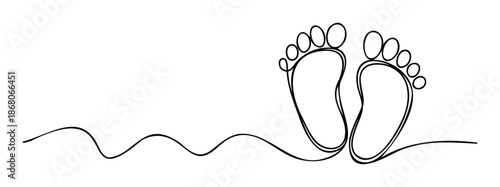 Minimalist continuous line drawing of sweet baby footprints symbolizing new life and family love, perfect for maternity and pediatric health resources, baby shower invitations, or gentle