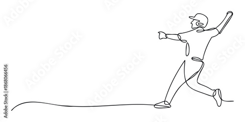 Continuous line drawing of a dynamic baseball player swinging a bat for a powerful hit, perfect for sports event promotions, athletic club branding, or minimalist graphic design projects
