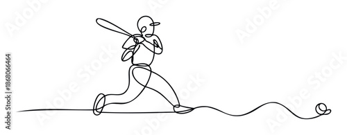 Dynamic continuous line drawing of a baseball player taking a powerful swing at a ball, perfect for athletic event branding and sportsrelated promotional materials.