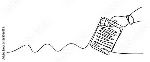 Monoline artwork presenting a hand holding and using a contemporary touchscreen tablet or smartphone while sketching an undulating path, excellent for modern technology and graphic