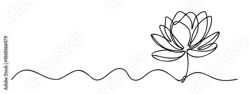 Minimalist continuous line art of a graceful lotus blossom rising from calm water waves, ideal for meditation guides, yoga studio decor, or tranquil digital media.