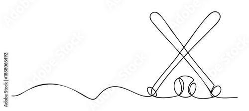 Minimalist continuous line drawing depicting crossed baseball bats and a baseball, perfect for sportsthemed graphics and active lifestyle promotions.