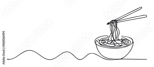 A simple minimalist continuous line drawing depicting a bowl of Asian noodles being eaten with chopsticks, perfect for modern restaurant branding or foodrelated promotional material.