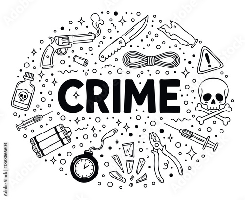 A visual compilation of dangerous objects and symbols associated with illegal activities, including weapons and warning signs, ideal for educational content or safety campaigns