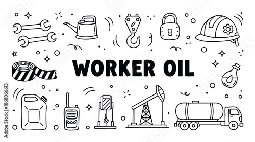 Essential tools and safety equipment for oil industry workers depicted in a hand drawn doodle icon set, suitable for industrial themed educational materials and construction related