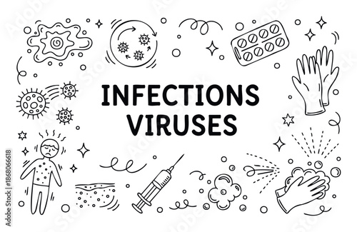 A collection of doodle icons depicting infections and viruses, alongside prevention and treatment methods, ideal for health education materials or medical infographics