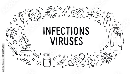 Hand drawn doodle style medical icons representing infections and viruses with essential healthcare tools and prevention methods for health and science content