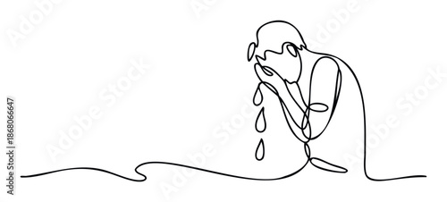 Continuous line drawing of a person washing their face with flowing water representing hygiene and freshness suitable for health and wellness promotions