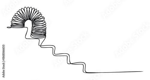 Continuous single line drawing depicting a slinky toy descending a conceptual staircase, symbolizing steady progress and a journey, perfect for educational materials, motivational content,