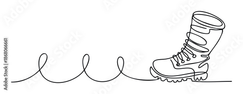 Minimalist one line drawing of a rugged hiking boot with a wavy continuous line extending to the left, ideal for outdoor adventure and travel related graphic compositions.