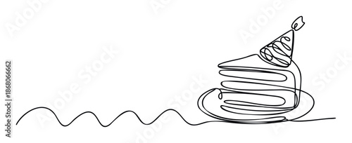 Minimalist continuous line drawing of a festive birthday cake slice topped with a party hat, perfect for modern celebration invitations, event visuals, and greeting projects.