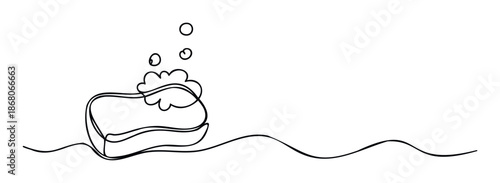 Simple continuous line drawing of a cleaning sponge with soap suds and flowing water waves perfect for household chores hygiene concepts and product branding