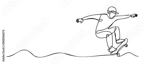 Dynamic continuous line drawing of a skateboarder performing an ollie jump, perfect for youth culture branding and extreme sports event promotion.