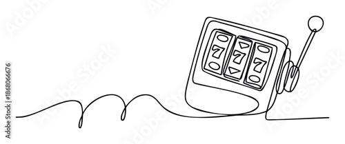 Single line drawing of a winning slot machine displaying triple sevens, ideal for capturing the excitement of gambling and potential jackpots in promotional materials and game designs.
