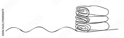 A simple continuous line drawing showing a stack of rolled towels, creating a minimalist aesthetic perfect for spa, wellness, or home related projects and advertisements