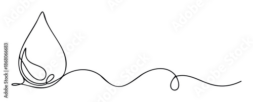 Clean single continuous line drawing featuring a stylized water drop connected to an elegant flowing wavy line, great for ecofriendly product branding, natural health promotion, and