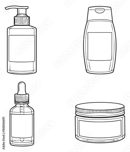 Hand drawn line art personal care product containers set featuring a pump bottle, shampoo bottle, dropper bottle, and cream jar for beauty and hygiene concepts