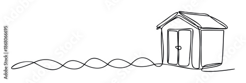 Minimalist continuous line drawing depicting a small simple house or storage shed connected by a flowing wavy line, perfect for symbolizing home, property, or compact living spaces.