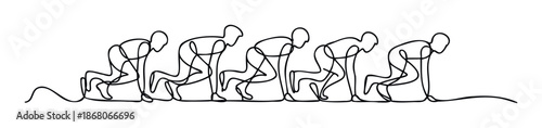 Dynamic continuous line drawing of multiple figures illustrating a sprinters sequence from ready position to the start of a race, ideal for sports branding or motivational content.