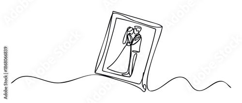 A continuous single line drawing capturing a wedding couple in a frame, perfect for celebrating enduring love, special occasions, and romantic graphic assets.