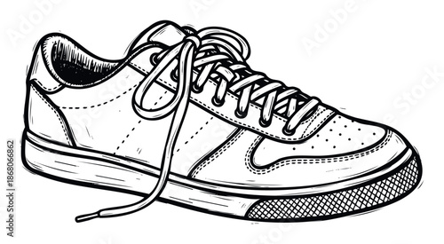 Dynamic handdrawn sketch of a classic sneaker with detailed laces and stitching, perfect for casual apparel promotions, active lifestyle blogs, and vintage athletic wear advertisements