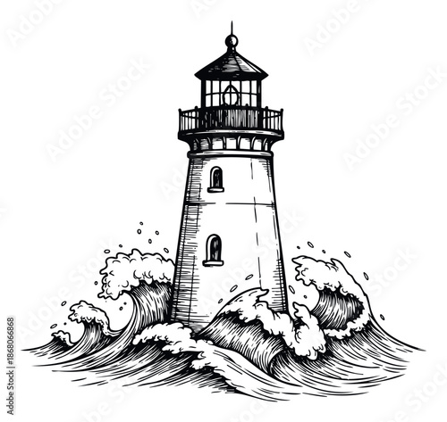 Vintage style lighthouse standing strong amidst powerful ocean waves, perfect for maritime themed print products and adventurous graphic projects