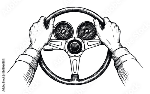 Drivers hands gripping a vintage steering wheel with integrated gauges conveying control and speed for automotive publications or driving experience promotions
