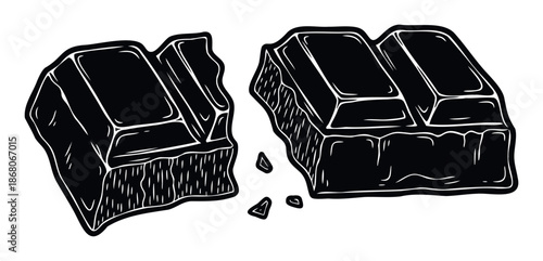 Stylized graphic of a rich dark chocolate bar snapped into two distinct sections with scattered fragments, suitable for confectionery packaging, sweet treat marketing, or culinary menu