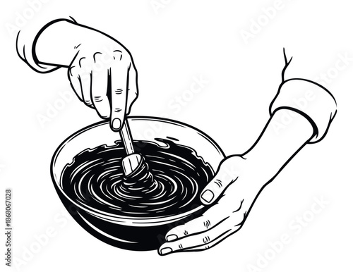 Persons hands stirring a delicious dark liquid in a bowl with a spatula, perfect for cooking websites, baking tutorials, or food preparation advertisements and packaging