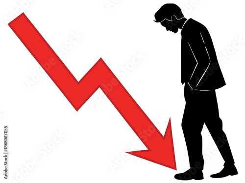 Person falling down with declining red arrow on black
