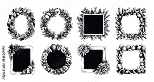 Black and white hand drawn botanical frames and natural wreaths provide elegant decorative borders for rustic event invitations, branding materials, or organic product packaging.