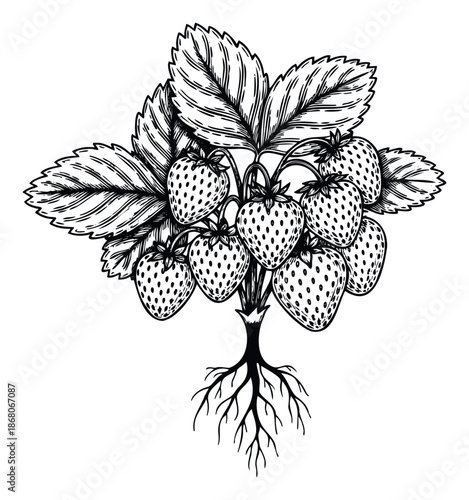 Detailed depiction of a thriving strawberry plant showcasing multiple berries, broad leaves, and strong roots, ideal for agricultural education, fresh produce branding, or natural food