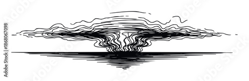 Stylized monochrome depiction of an atmospheric eruption or a massive impact with a striking reflection suitable for conveying intensity and dynamic motion.
