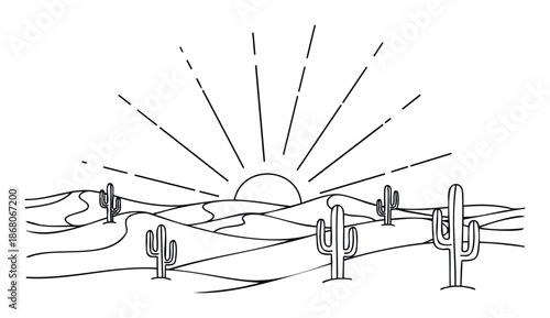 Minimalist desert landscape line drawing with saguaro cacti and a sunrise perfect for naturethemed graphic projects, outdoor event posters, or simple home decoration prints.