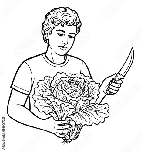 Young man holding a fresh head of cabbage and a sharp kitchen knife, ready for cooking or meal preparation, suitable for food blogs, recipe books, and culinary educational materials.
