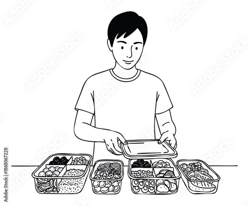 An Asian man carefully organizes multiple healthy food portions into meal prep containers for a convenient and balanced diet lifestyle promotion