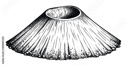 A detailed vintage style engraving of a conical limpet shell with radiating lines and textured surface, perfect for educational content, marine biology studies, or aquatic themed graphic