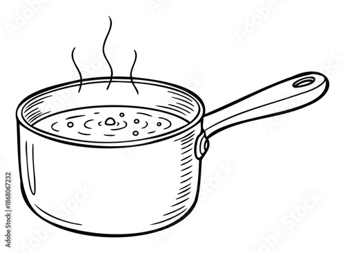 A simple monochrome line drawing of a cooking saucepan with hot steaming liquid and bubbles inside, perfect for kitchenrelated educational materials, recipe books, or food preparation