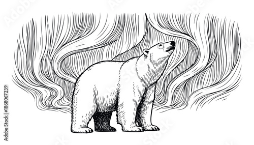 A majestic polar bear stands observing the sky with flowing lines reminiscent of aurora borealis, ideal for wildlife conservation campaigns, educational posters, or nature themed apparel