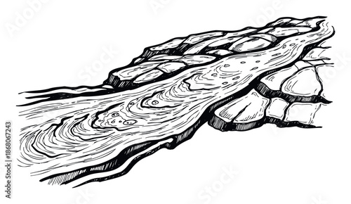 Monochrome graphic artwork portraying a dynamic winding river navigating through a stylized rocky landscape with vigorous water movement, suitable for evoking natures power or serene