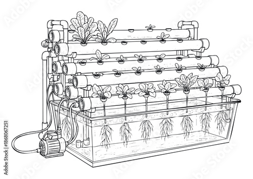 Hydroponic system with leafy green plants growing in a waterbased environment demonstrating modern indoor farming techniques for sustainable agriculture and urban gardening applications.