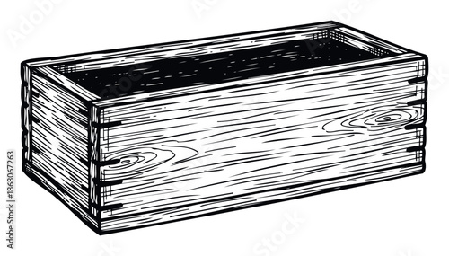 Vintage handdrawn wooden box sketch perfect for craft projects, home decor themes, natural product packaging container illustrations, or rustic garden branding graphics
