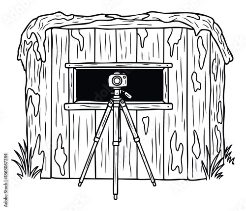 Rustic wooden wildlife observation hideout with a camera on a tripod positioned at the window for nature photography or surveillance, perfect for outdoor hobby content and educational