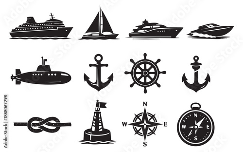 Nautical icon set featuring a cruise ship, sailboat, yacht, speed boat, submarine, anchors, ship wheel, and compasses for maritime design