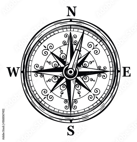 Classic hand drawn compass rose with cardinal directions and decorative elements for navigation, travel, and adventure themed graphic projects