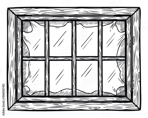 Detailed sketch of an old wooden window frame featuring six glass panes and rustic wood grain texture, perfect for historical building illustrations or home renovation guides.