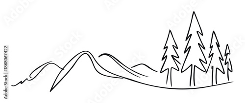 Simple hand drawn outline of mountain peaks and evergreen trees forming a natural landscape for outdoor recreation branding and wilderness exploration brochures