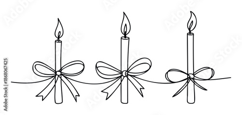 Continuous line drawing of three burning candles decorated with festive bows, perfect for holiday greetings, party invitations, or elegant event decorations.