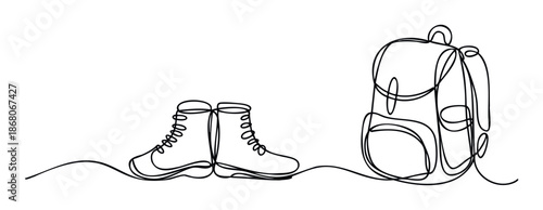 Continuous line drawing of sturdy hiking boots and a practical backpack, perfect for evoking a sense of outdoor adventure, travel, and journey on various digital and print platforms.