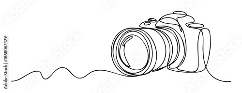 Modern minimalist continuous line drawing of a photography camera with a large lens, perfect for visual media, brand identity, or hobby related graphic applications
